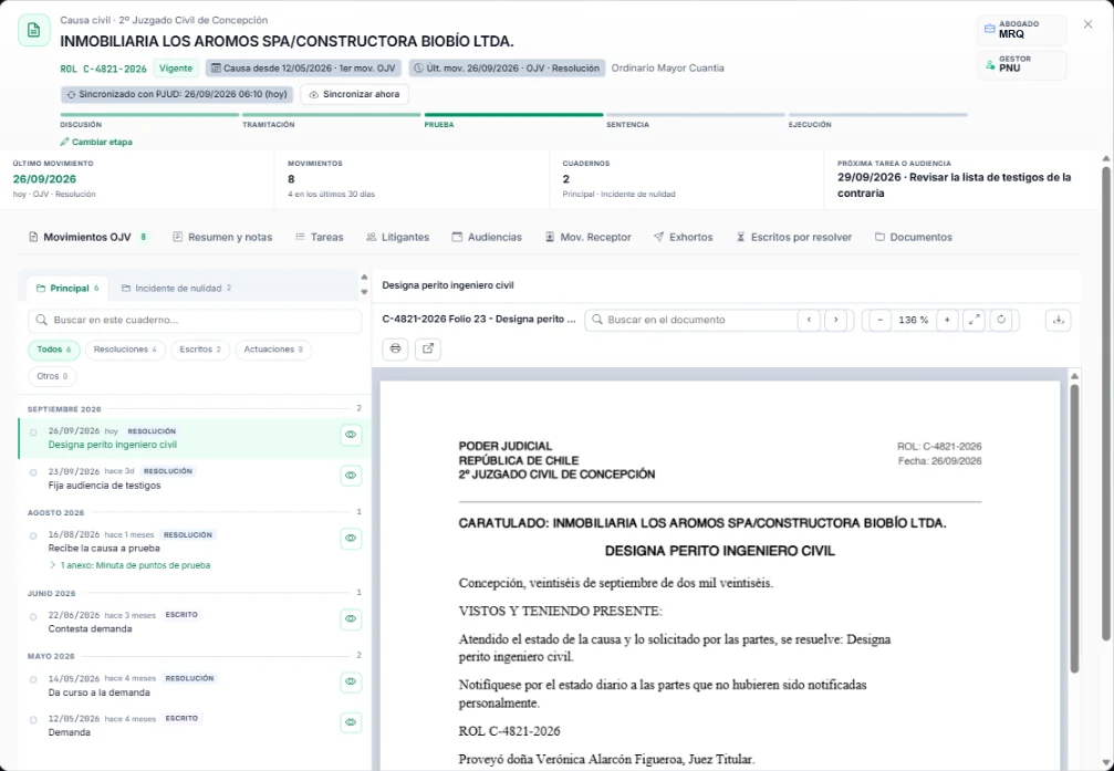 Modal de una causa civil: etapa procesal, último movimiento, cuadernos, próxima tarea, movimientos de la OJV y vista previa de la resolución